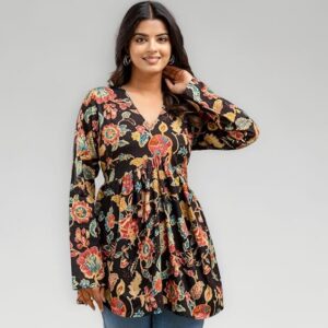 LABEL ADRIJA Cotton V Neck Anarkali Short Kurti for Women Full Sleeve Floral Print | Short Kurtis for Women on Jeans