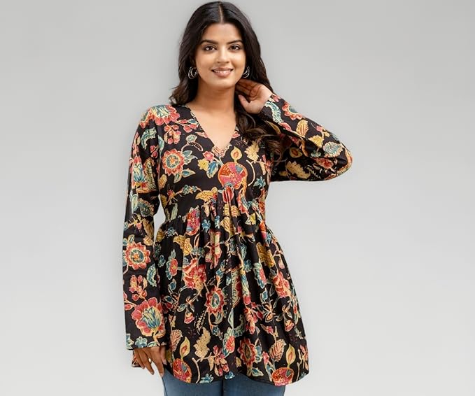 LABEL ADRIJA Cotton V Neck Anarkali Short Kurti for Women Full Sleeve Floral Print | Short Kurtis for Women on Jeans