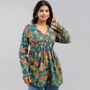 LABEL ADRIJA Cotton V Neck Anarkali Short Kurti for Women Full Sleeve Floral Print | Short Kurtis for Women on Jeans