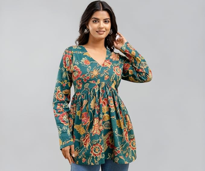 LABEL ADRIJA Cotton V Neck Anarkali Short Kurti for Women Full Sleeve Floral Print | Short Kurtis for Women on Jeans