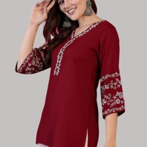 MAHIRA'S Comfort Women's Short Kurti, Rayon Tunic Top with 3/4 Embroidered Designer Sleeves | Soft Breathable Fabric | Office & Casual Kurti for Jeans, Leggings & Trousers