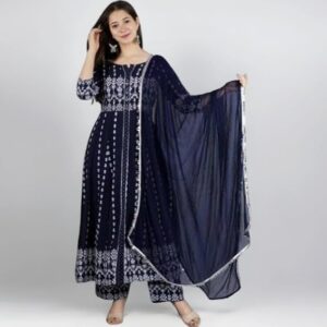 Shantika Fashion Women's Embroidered Anarkali Set with Pant and Dupatta, Navy Blue, Traditional Ethnic Wear