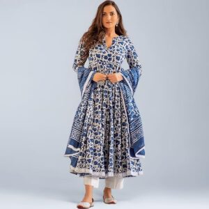 MEERA FAB Women's Cotton Printed Anarkali Kurta with Palazzo & Dupatta Set