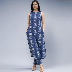 Pinkmint Women’s Pure Cambric Cotton Kurta Set | Sleeveless Printed Kurta with Pant | Summer Wear Co-Ord Set | Plus Casual